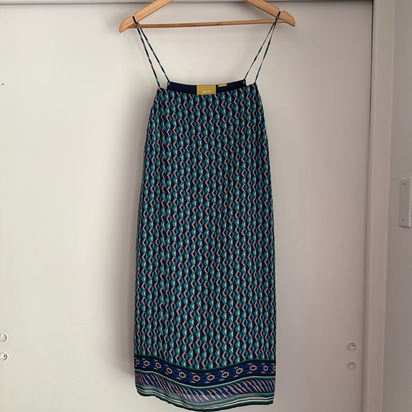 Anthropologie Maeve Blue Geometric Patterned Sleeveless Silk Slip Shift Dress L - Picture 1 of 5